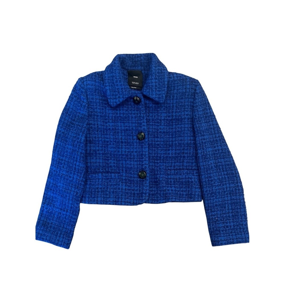 Mango Blue Tweed Blazer Suit Jacket Small S Short Cropped Academia Professional